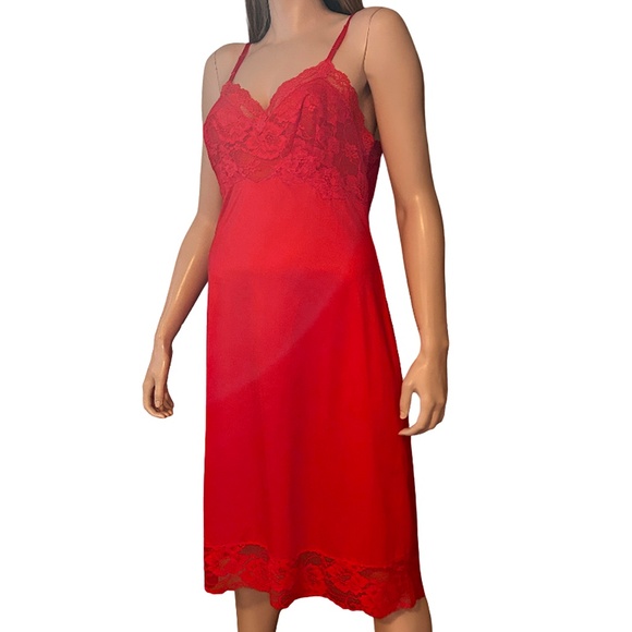 Vanity Fair Vtg 50s 60s Slip Chemise Lipstick Red Tricot Nylon Lace Bodice Lacy - Picture 4 of 16